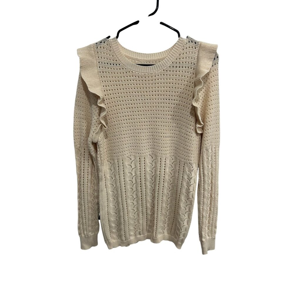 Open Weave Pullover Sweater Beige Crewneck Ruffle Long Sleeve Neutral Comfy